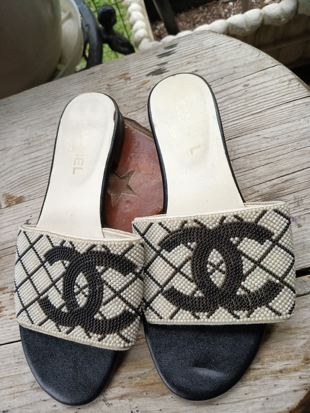 Chic Beaded Slide Sandals in Black and Cream